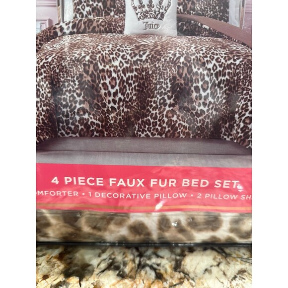 Juicy Couture Brown Leopard Comforter Set, 4 piece Faux Fur Bed Set, Queen - Picture 2 of 5